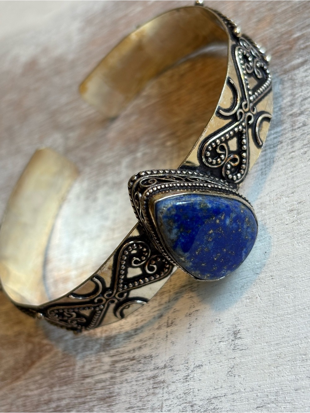 Handmade Artisan Silver Statement Cuff Bracelet Lapis Teardrop Natural Stone